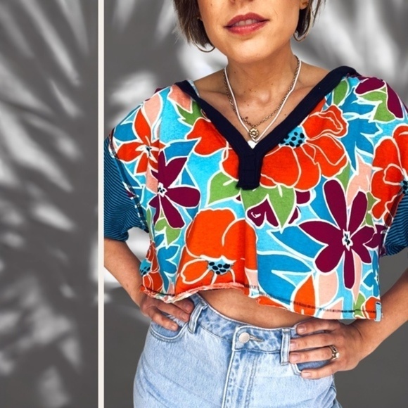 FREE PEOPLE Cotton on a Boat Colorblock V-Neck Boxy Cropped Cotton Polo Top NWT - Picture 6 of 14